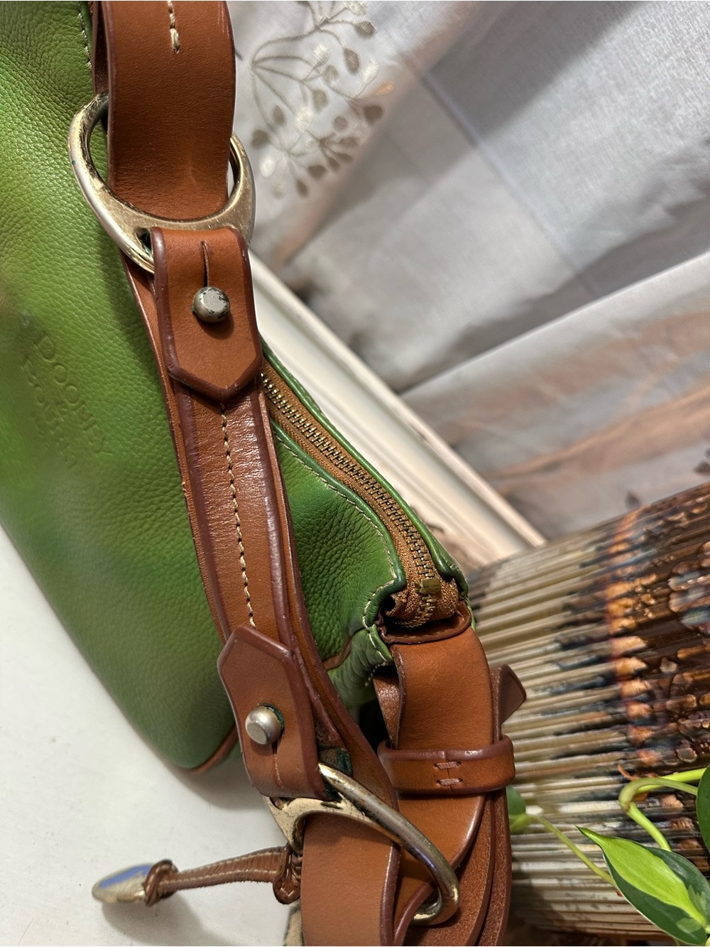 Dooney & Bourke Green Pebbled Leather Shoulder Bag with Brown Trim - Picture 3 of 13